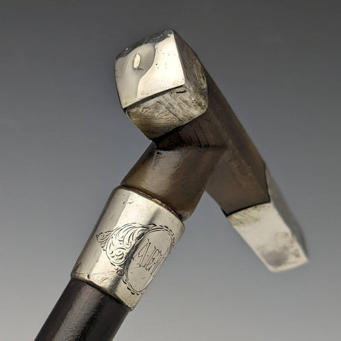 英国アンティーク 紳士用 バンブーステッキ 杖 純銀装飾 ホーンクラッチハンドル 91cm